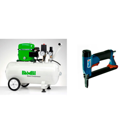 Bambi 24 Ltr Standard Silent Air Compressor Kit - with wheels and BeA Long Nose Staple Gun