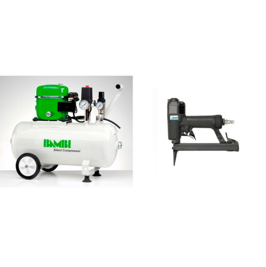 Bambi 24 Ltr Standard Silent Air Compressor Kit - with wheels and HEICO Long Nose Staple Gun